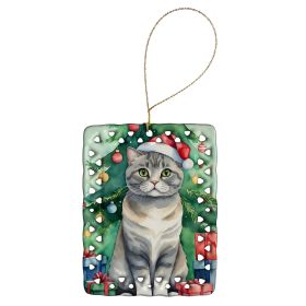 Scottish Fold Cat By the Christmas Tree Porcelain Ornament Christmas Tree Hanging Decorations for Home Christmas Holiday, Rectangle, Gift, Multic