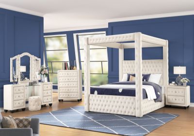 Monica luxurious Four-Poster Full 5 Pc Vanity Bedroom Set Made with Wood in Cream