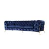 Reno Joni 97 Inch Modern Sofa, Chesterfield, Velour Fabric, Blue, Gold