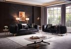 Shiny Thick Velvet Fabric Upholstered 2PC Living room set made with wood in Black