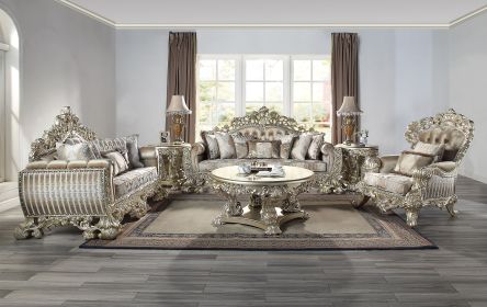 ACME Sorina SOFA W/7 PILLOWS Velvet, Fabric & Antique Gold Finish LV01205
