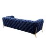 Reno Joni 97 Inch Modern Sofa, Chesterfield, Velour Fabric, Blue, Gold
