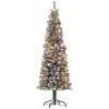 6 ft Pre Lit Pencil Christmas Tree, Flocked Xmas Tree with Dual Color LED Lights, 429 Branches & Metal Stand for Home Decor, Green