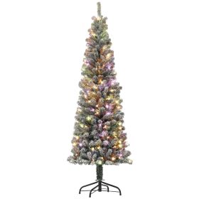 6 ft Pre Lit Pencil Christmas Tree, Flocked Xmas Tree with Dual Color LED Lights, 429 Branches & Metal Stand for Home Decor, Green