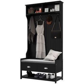 Coat Rack and Bench Hall Tree Organizer with 4 Hooks, 2 Drawers with Padded Seat Cushions for Entryway, Black