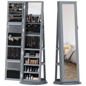 360Â° Swivel Jewelry Armoire, Lockable Jewelry Cabinet with Full-Length Mirror, Storage Shelves, Gray