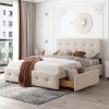 Upholstered Platform Bed with Classic Headboard and 4 Drawers, No Box Spring Needed, Linen Fabric, Queen Size Beige