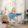 eight Adjustable Kids Desk and Chairs Set with Tilt Desktop, Storage Drawer, Pen Slot, Hook, Blue
