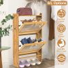 2-Tier Shoe Cabinet with 2 Flip Drawers Slim Bamboo Shoe Rack Freestanding Narrow Shoe Organizer with 44lbs Max Load for Entryway Hallway