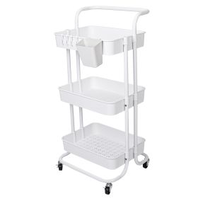 3 Tier Rolling Utility Cart Movable Storage Organizer with Mesh Baskets Lockable Wheels 360 Degree Rotatable Hanging Box Hooks Bedroom Bathroom Kitche (Option: 3Tier_White)