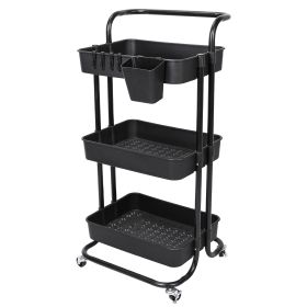 3 Tier Rolling Utility Cart Movable Storage Organizer with Mesh Baskets Lockable Wheels 360 Degree Rotatable Hanging Box Hooks Bedroom Bathroom Kitche (Option: 3Tier_Black)