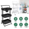 3 Tier Rolling Utility Cart Movable Storage Organizer with Mesh Baskets Lockable Wheels 360 Degree Rotatable Hanging Box Hooks Bedroom Bathroom Kitche