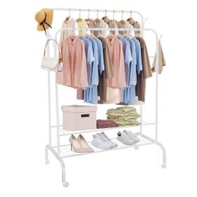Garment Hanging Rack Clothing Hanging Rail Pillow Shoe Display Organizer Clothes Organizer Stand with 2 Rails 2 Shelves 4 Rolling Wheels 4 Hooks (Option: White)