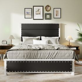 Queen Size Bed Frame With Upholstered Headboard, Queen Bed Frame With Charging Station And LED Lights, Wood Slats, Dark Gray Faux Leather & Rivet (Option: King)