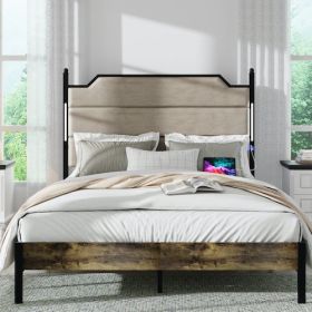 Queen Size Bed Frame With Upholstered Headboard , Queen Bed Frame With Charging Station And LED Lights, Wood Slats, Easy Assembly,No Box Spring N (Option: King)