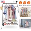 Garment Hanging Rack Clothing Hanging Rail Pillow Shoe Display Organizer Clothes Organizer Stand with 2 Rails 2 Shelves 4 Rolling Wheels 4 Hooks