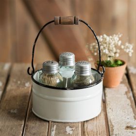Round Bucket Salt Pepper and Toothpick Caddy (Color: White)