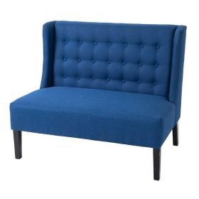 Scandinavian 2 Seater Button Tufted Loveseat Wooden Legs Linen (Color: Blue)