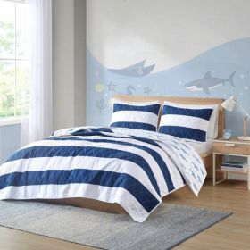 Coastal Reversible Navy Blue White Sharks Cotton Quilt Set (Option: 3 Piece, size: Full/Queen)