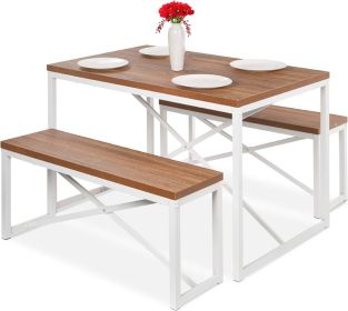 Modern 3-Piece Dining Set Metal Frame Table and 2 Bench Chairs (Color: Wood White)