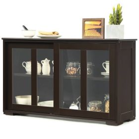 Wood Buffet Kitchen Dining Sideboard Storage Cabinet w/ Glass Sliding Door (Color: Brown)