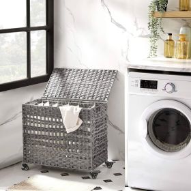 PP Rattan 3-Basket Laundry Hamper Sorter Cart with Removable Cotton Bags (Color: Grey)