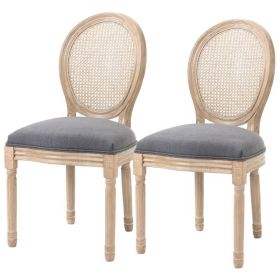 Set of 2 Vintage Upholstered Armless Rattan Back Dining Chairs (Color: Grey Wash)