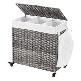 Handwoven 3-Bag Laundry Basket Cart with Cotton Liner on Wheels (Color: Grey, Option: Pp Rattan)