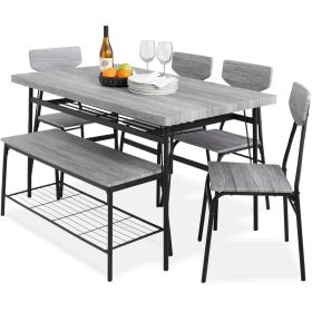 Modern 6-Piece Dining Set with Wood Top Table 4 Chairs and Storage Bench (Color: Grey)