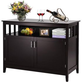 Wood 2-Door Dining Buffet Sideboard Cabinet with Open Storage Shelf (Color: Dark Brown)