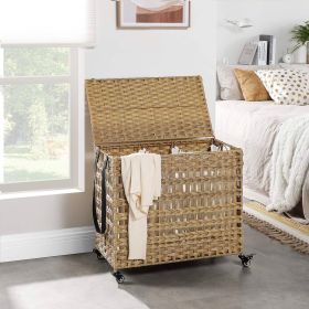 PP Rattan 3-Basket Laundry Hamper Sorter Cart with Removable Cotton Bags (Color: Tan)
