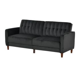 Mid-Century Modern Futon Sleeper Sofa Bed in Velvet Upholstery (Color: Black)