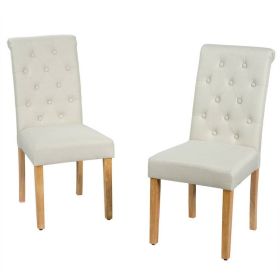 Set of 2 Linen Button Tufted Dining Chair with Wood Legs (Color: Beige)