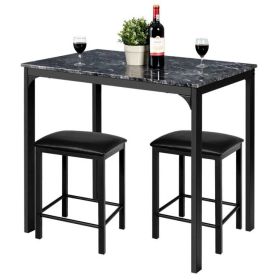 Modern 3-Piece Dining Set White Faux Marble Table-Top and 2 Black Chairs Stools (Color: Black)