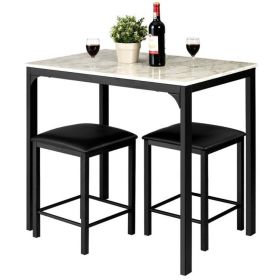 Modern 3-Piece Dining Set White Faux Marble Table-Top and 2 Black Chairs Stools (Color: White)