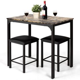 Modern 3-Piece Dining Set White Faux Marble Table-Top and 2 Black Chairs Stools (Color: Brown)