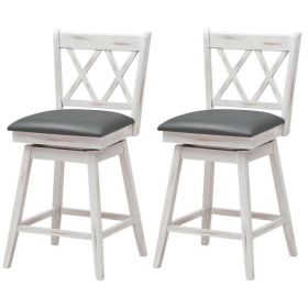 Set of 2 Wood 24-in Counter Height Farmhouse Swivel Cushion Seat Barstools (Color: White)