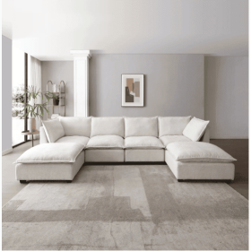 130 Inch Modular Sectional Sofa, Linen Fabric Couch Set With Convertible Ottoman,U Shaped Sofa,comfortable,Freely Combinable Sofa For Living Room (Color: Beige)