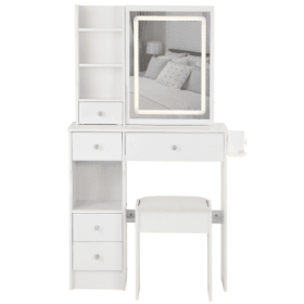 29.2 Small Size Left Drawer Desktop Vanity Table  Cushioned Stool, 2 AC2 USB Power Station, Hair Dryer Bracket, Extra Large Touch Control Sliding (Color: White)