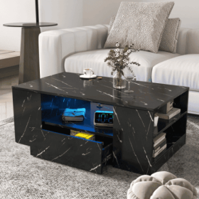 Modern Coffee Tables For Living Room, LED Coffee Table, Storage Coffee Table, Small Coffee Table, Wood Center Table With 2 Drawers And Open Side (Color: Black)