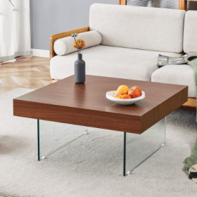 Natural Style Square MDF Coffee Table - 31.5x31.5 With Tempered Glass Legs.Density Board Sticker,Reinforced Glass (Option: Walnut)