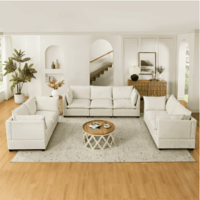 3-Piece Chenille Fabric Upholstered Living Room Furniture Set, Including 3-Seater Sofa AndV2 Loveseat Sofa With Seat And Back Cushion Beige White (Color: Beige)