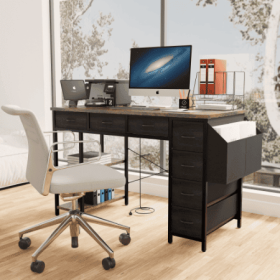 47 Computer Desk With Power Outlet,Writing Desk With 7 Fabric Drawers,Vanity Table Drawers And Large Side Pocket,Rustic Brown (Option: Rustic Brown)