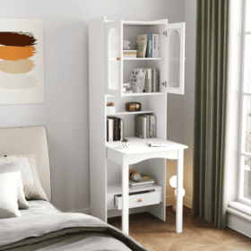 Fold-Out Convertible Writing Table, Desk Cabinet With Shelf And Drawer Multi-Function Home Office Workstation (Color: White)
