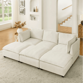 Comfy Cloud Couch Sectional 3 Seat Sofa With 2 Ottoman, Chenille Sofa Sleeper Deep Seat Sofa With Throw Pillows For Living Room Beige White (Color: Beige)