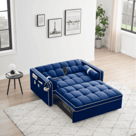 Leeper Sofa Couch W Pull Out Bed, 55 Modern Velvet Convertible Sleeper Sofa Bed, Small Love Seat Sofa Bed W Pillows  Side Pockets For Small Space (Color: Blue)