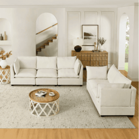 2-Piece Chenille Fabric Upholstered Living Room Furniture Set, Including 3-Seater Sofa And Loveseat Sofa With Seat And Back Cushion Beige White (Color: Beige)