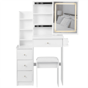 29.2 Small Size Left Bedside Cabinet Vanity Table   Cushioned Stool, 2 AC  2 USB Power Station, Hair Dryer Bracket  Extra Large Touch Control Sli (Color: White)