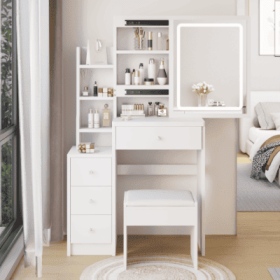 29.2 Small Size Left Bedside Cabinet Vanity Table   Cushioned Stool, Large Sliding, Touch Control, Tri Color Switching, Brightness Adjust LED Mir (Color: White)