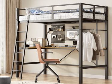Twin Metal Loft Bed With L-Shaped Desk, Charging Station Loft Bed Frame Twin Size, Safety Guard & Ladder, No Box Spring Needed, Black (Option: LT)